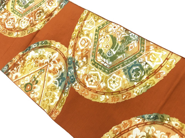 リサイクル　丸に鳥・抽象花模様織出し名古屋帯